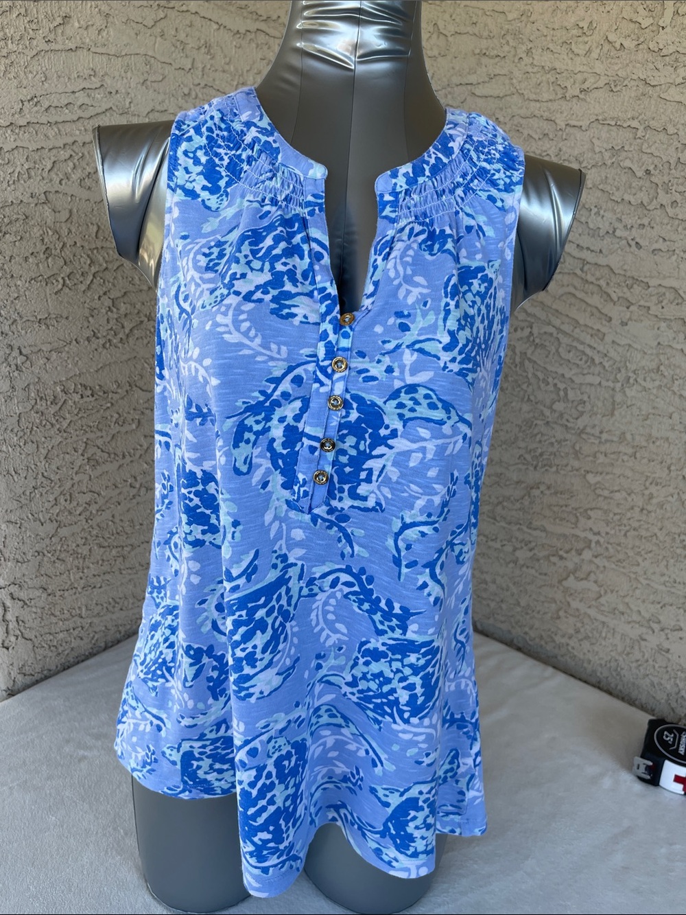 Lilly Pulitzer Blue Multi-Print Sleeveless Henley Tank
